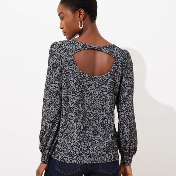 LOFT | Floral Jacquard Damask Cutout Back Top | Black/Gray | X-Large - Picture 1 of 8